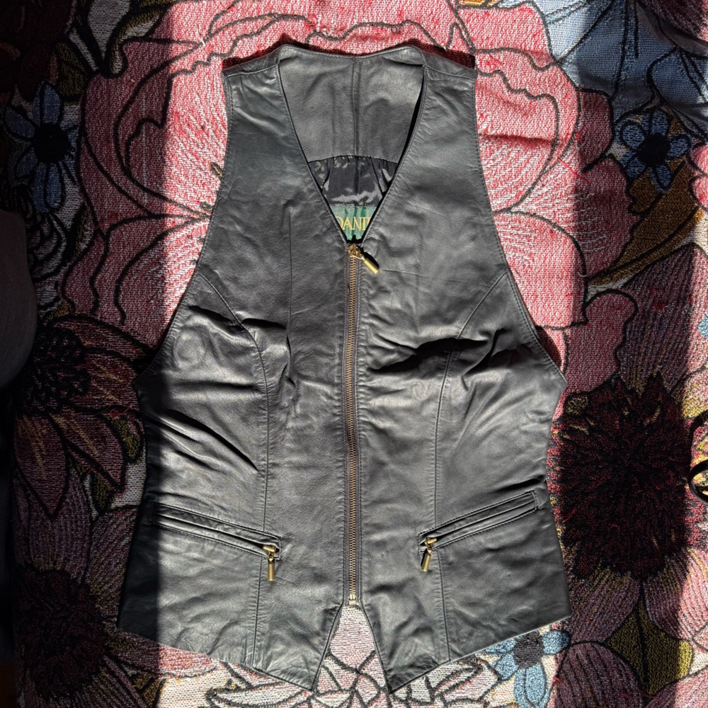 Danier Black Leather Vest with Gold Zippers